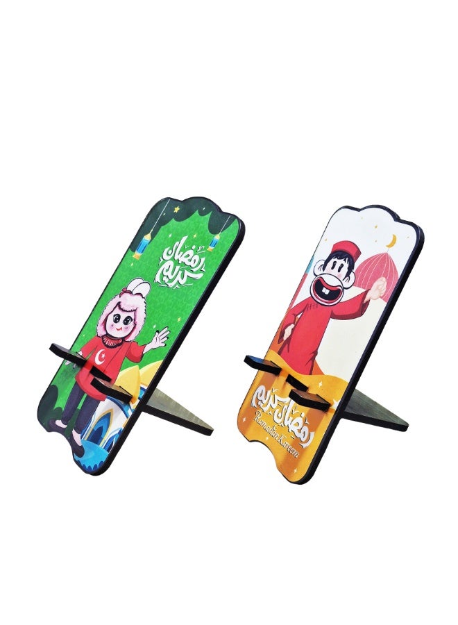 حاملان خشبيان للهواتف المحمولة، قطعتان، بنقوش رمضانية محفورة، حامل مكتبي إسلامي قابل للفصل للهواتف الذكية، قاعدة خشبية طبيعية ثابتة لتزيين المنزل والمكتب وركن الصلاة، هدية رمضانية مثالية - Image 2